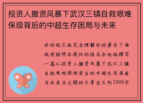 投资人撤资风暴下武汉三镇自救艰难保级背后的中超生存困局与未来